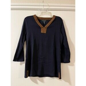 RALPH LAUREN Tunic Navy Blue Suede Brown Trim Shirt Top 3/4 Sleeves Size Medium